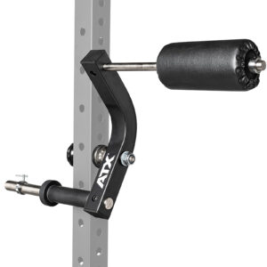 The ATX® Neck Trainer Add On features a black and silver adjustable arm with a padded roller, mounted on a grey perforated metal frame, and is designed for fitness equipment like a power rack.