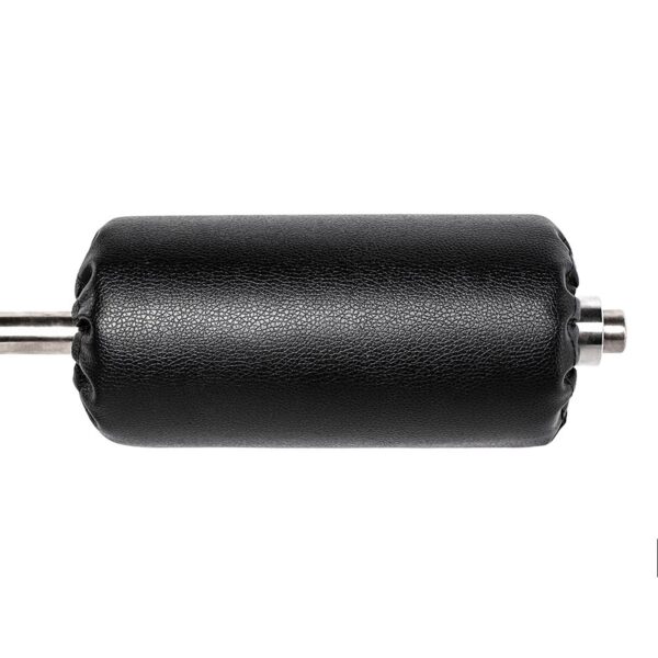 The ATX® Neck Trainer Add On is a black cylindrical padded roller with a textured surface mounted on a metal rod, featuring smooth edges, ideal for use in fitness equipment like leg extension or curl machines.