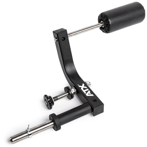 The ATX® Neck Trainer Add On is a black, adjustable metal fitness attachment with a padded roller for leg workouts. It includes a mounting bracket and adjustable knob, featuring a sleek design displaying the ATX logo.