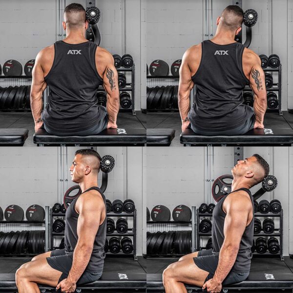 A man demonstrates a neck exercise in the gym using the ATX® Neck Trainer Add On. Seated on a bench, he moves from a neutral to a tilted-back head position while wearing black tank top and shorts. Weights and gym equipment fill the background.