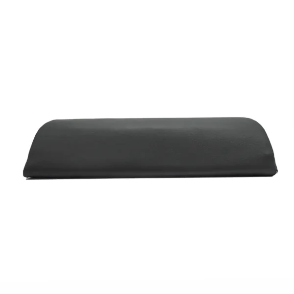 The Perfect AB Pad, a black leather wrist rest cushion designed for keyboard use, resembles an ab crunch pad. Its rectangular shape with a slightly curved surface offers ergonomic wrist support and comfort during typing, all set against a plain white background.
