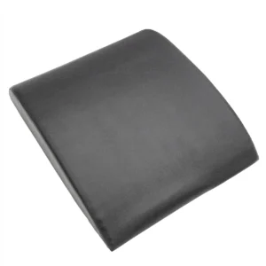 The Perfect AB Pad, a black lumbar support cushion with a smooth, curved design, enhances workouts by doubling as an ab crunch pad for added comfort and versatility.
