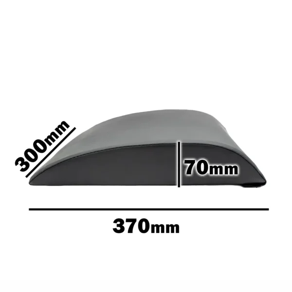 The Perfect AB Pad is a black wedge-shaped ab crunch pad measuring 300mm in height, 70mm in width, and 370mm in length. Its smooth surface offers support and comfort to enhance your workout experience.
