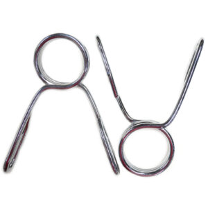 Displayed on a white background, two Barbell Spring Collars - Olympic feature circle grips and U-shaped clamp ends, ensuring secure and stable performance during intense workouts.