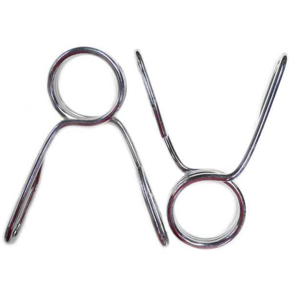 Displayed on a white background, two Barbell Spring Collars - Olympic feature circle grips and U-shaped clamp ends, ensuring secure and stable performance during intense workouts.