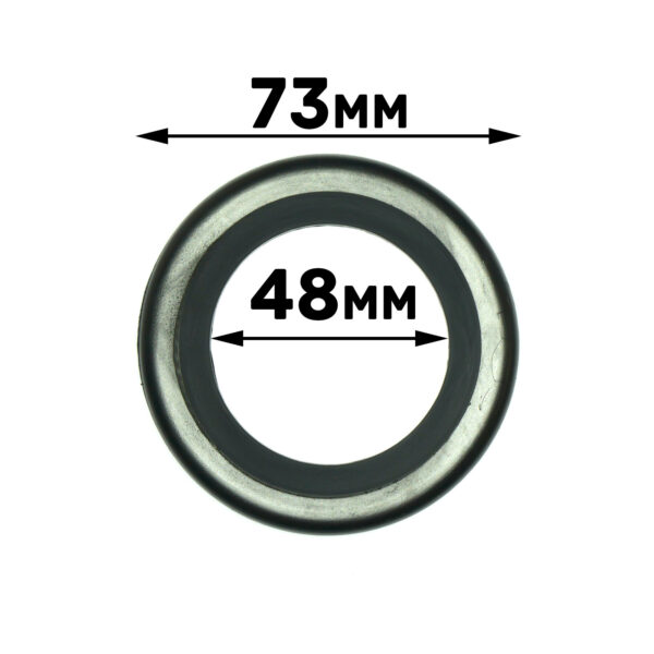 The product, named Gym Rubber Stopper 48mm, is a circular silver item with an outer diameter of 73mm and an inner diameter of 48mm, featuring labeled measurement arrows.