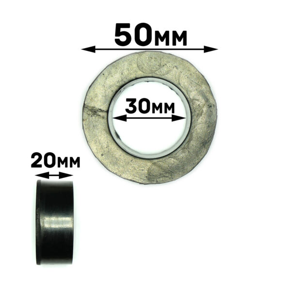 Gym Rubber Stopper with a 50mm diameter, 30mm inner circle diameter, and 20mm thickness. Black text labels the measurements on the ring against a white background.