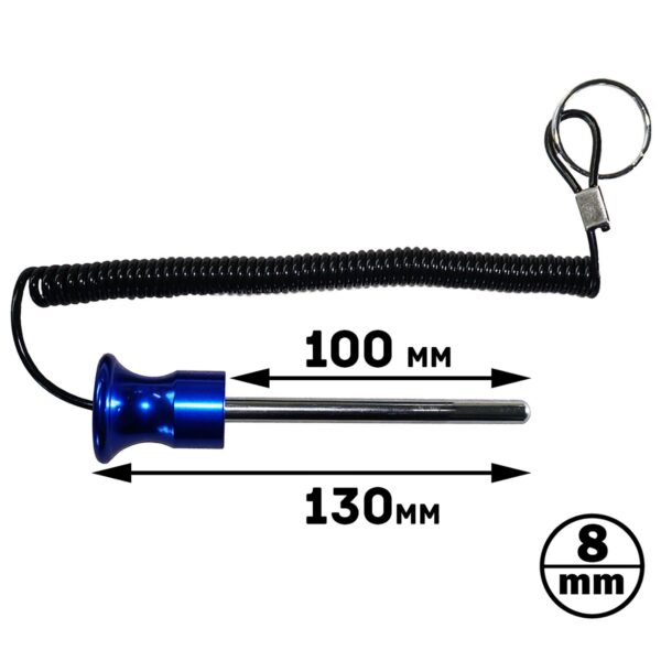 The Magnetic 8mm x 100mm Aluminium Weight Stack Pin features a coiled black cable, a blue and silver cylindrical rod thats 100 mm long with an extra 130 mm section, and an attached metal ring.