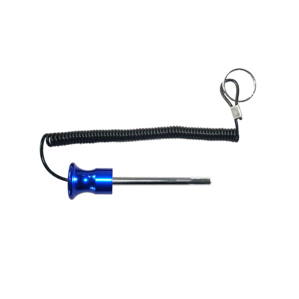 A coiled black cord is connected to a blue handle with a Magnetic 8mm x 100mm Aluminium Weight Stack Pin, featuring a slender design like a screwdriver and a keyring clip looped around the top.