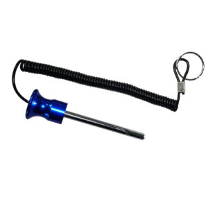 A blue anodized Magnetic 8mm x 100mm Aluminium Weight Stack Pin features a spike with a rounded top, attached to a coiled black cord and silver clip, seemingly designed to prevent loss or allow easy retraction.