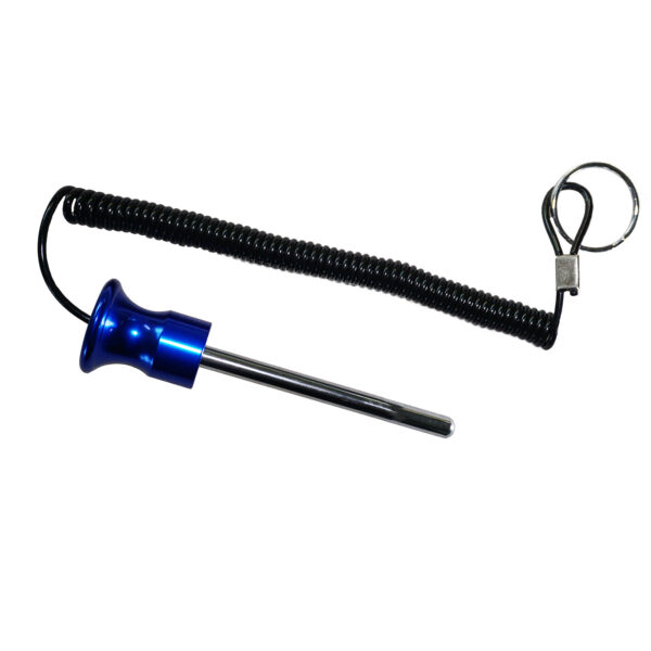 A blue anodized Magnetic 8mm x 100mm Aluminium Weight Stack Pin features a spike with a rounded top, attached to a coiled black cord and silver clip, seemingly designed to prevent loss or allow easy retraction.