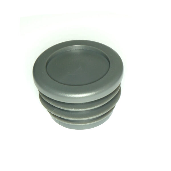 A 48mm diameter round gray plastic cap, featuring ribbed sides and a flat top, is displayed against a plain white background.