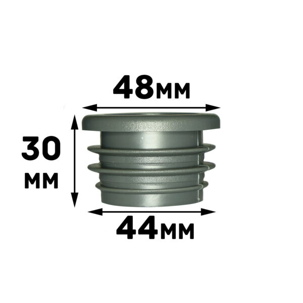 Image of a cylindrical gray metal cap featuring a ribbed design. It measures 48mm in diameter at the top, 44mm at the bottom, and stands 30mm tall. Product: 48mm Diameter 45mmID.