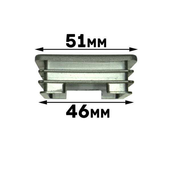 A close-up of a metallic rectangular object with ribbed sides shows dimensions: 51mm at the top and 46mm at the bottom, suggesting a tapered design. Identified as a 50mm x 50mm End Cap.