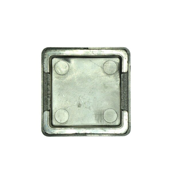 A 50mm x 50mm End Cap, square and metallic with rounded edges, showcases a grid of four round raised dots on its surface and is enclosed within another square metal frame.