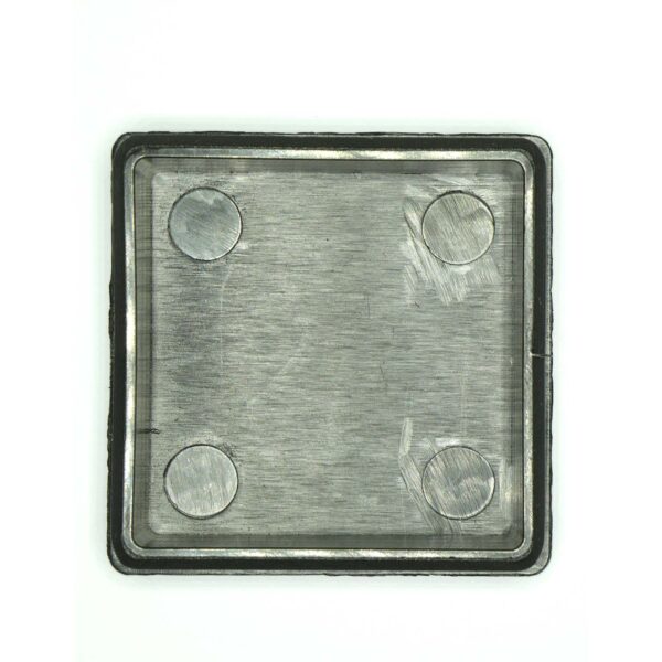 The 60mm x 60mm End Cap features a square metal surface with four small circular magnets near each corner, bordered by black rubber or plastic. Its brushed texture adds a subtle sheen against a white background.