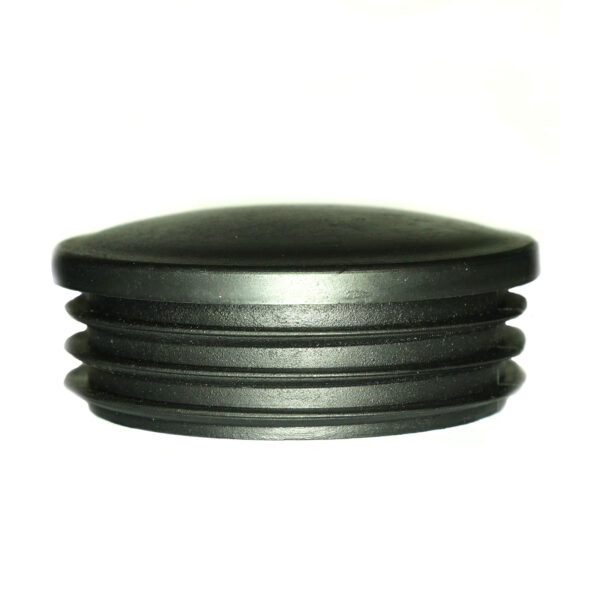 A black round plastic cap with ridged sides, 60mm in diameter, sits on a flat white surface.