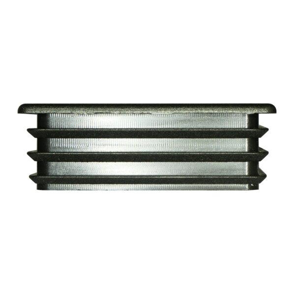 The image shows a 60mm x 60mm End Cap, a metallic rectangular object with three horizontal grooves and a smooth, shiny surface reflecting light. It is centered on a white background.