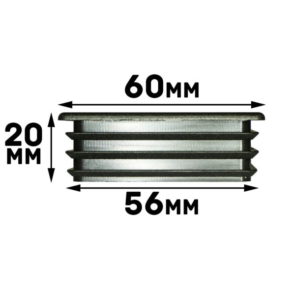 Gray rectangular metal component with three horizontal grooves, measuring 60mm width, 20mm height, and 56mm depth. Identified as the 60mm x 60mm End Cap.