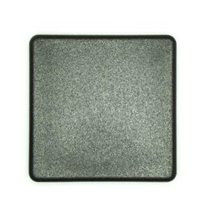 A close-up of a 75mm x 75mm End Cap showcasing metallic silver textured powder, encased in a black frame.