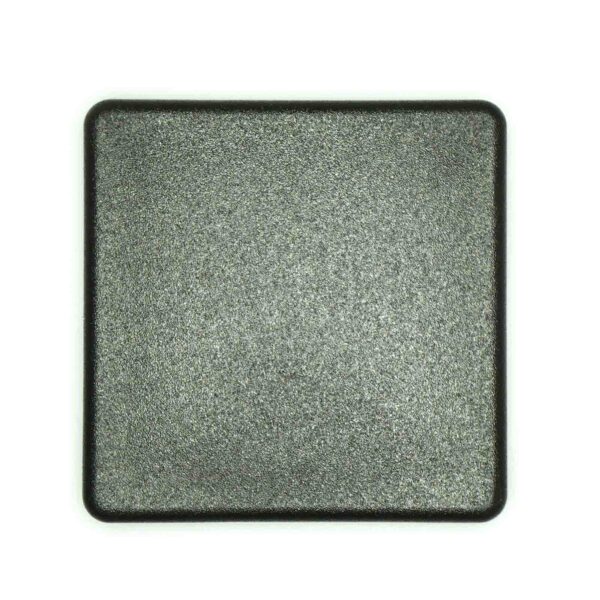 A close-up of a 75mm x 75mm End Cap showcasing metallic silver textured powder, encased in a black frame.