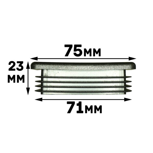 A silver cylindrical 75mm x 75mm End Cap is shown in profile with horizontal black lines, featuring measurements: 75mm in width, 71mm at the base, and 23mm in height. The dimensions are clearly marked in black on a white background.