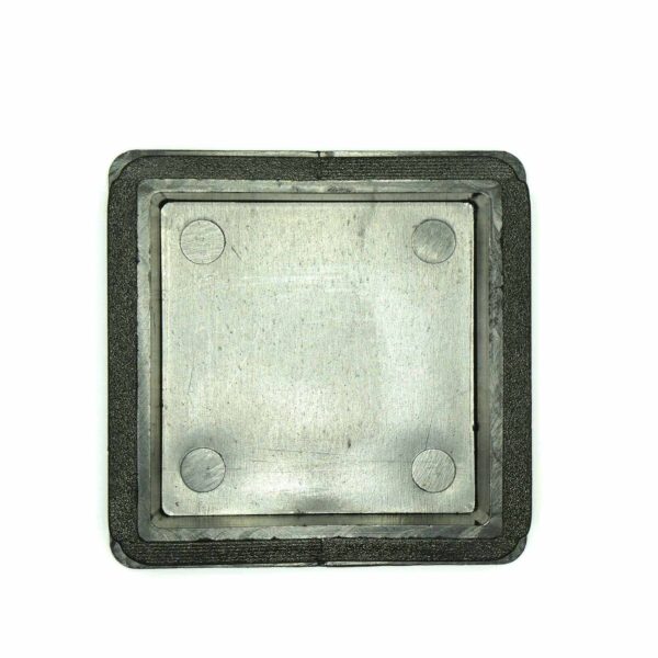 A 75mm x 75mm End Cap with a reflective metallic surface features four circular elements at the corners, framed by a black border, displayed against a plain white background.