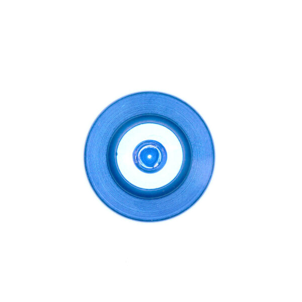 Top view of the M6 Aluminium Knob, a blue circular object with a raised center resembling a wheel or disc, set against a plain white background.
