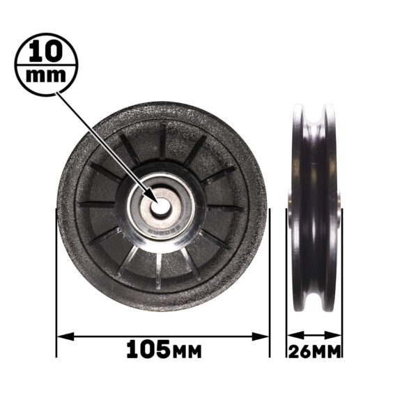 The Cable Pulley 105mm is a black wheel featuring a 10mm center bore, 105mm diameter, and 26mm thickness. Its front view displays a ridged design, while the side view reveals a grooved edge.