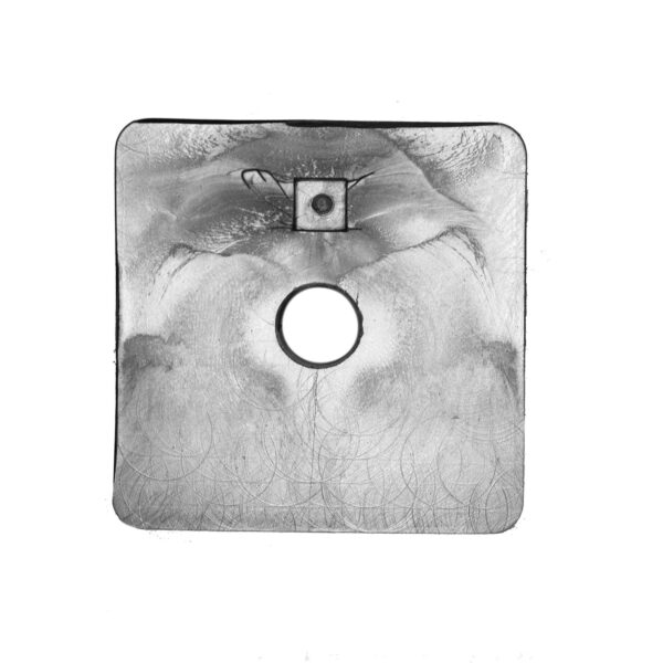 A dynamic grayscale abstract image titled Bump Stop 50mm x 50mm, features a square shape with a central circular cutout, surrounded by varied textures and shading for a striking visual effect.