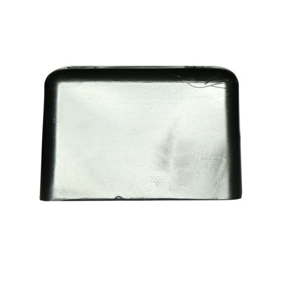 The Bump Stop 50mm x 50mm is a rectangular metal object with rounded top corners, a smooth reflective surface, and a small crack in the upper right corner on a plain white background.