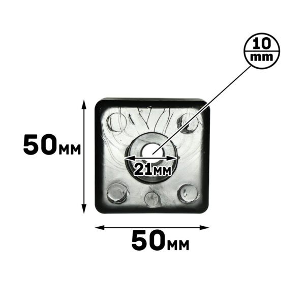 The Bump Stop 50mm x 50mm is a black square with a central 21mm circular hole and smaller indentations. A 10mm detail is highlighted on the upper right side.