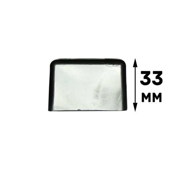 A rectangular Bump Stop 50mm x 50mm with a metallic look next to a vertical arrow marked 33 mm for its height. It features slightly rounded edges against a plain white background.