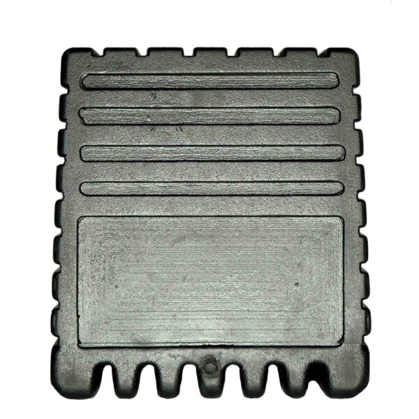 A 50mmx50mm square black rubber item with horizontal grooves and a flat surface, featuring notched edges, likely serves as a protective cover or part of a larger assembly.