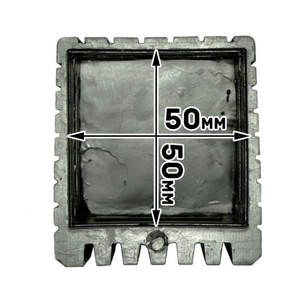The Rubber Foot 50mmx50mm is a metallic mold with serrated edges on three sides, a bottom protrusion, and an interior measurement of 50mm x 50mm. The inner surface is textured and unfinished.