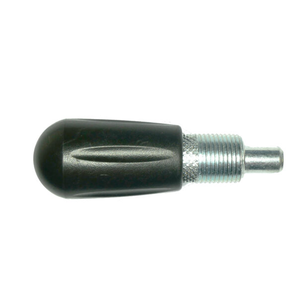A close-up image of the Pop Pin M18 30mm, featuring a black cylindrical plastic handle with a rounded top and a threaded metal section at the bottom, suggesting its a replacement part for tools or machines.