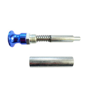 The Pop Pin M20 105mm, featuring a blue-handled metal push-pull knob with a spring mechanism, lies disassembled alongside a cylindrical metal tube on a white background.