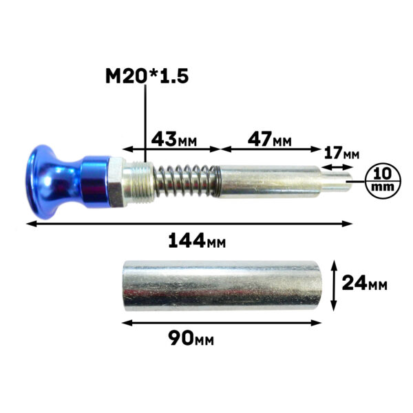 Image of the Pop Pin M20 105mm metal spring plunger featuring a blue knob. It measures 144mm in total length with spring sections of 43mm and 47mm. The knob is 17mm, stem is 10mm, and theres an accompanying cylindrical metal piece measuring 90mm by 24mm. The thread size is M20*1.5.