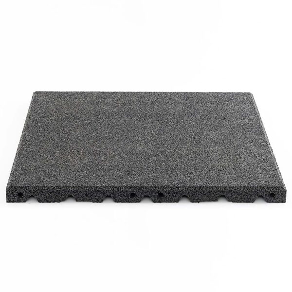 The Shock & Sound Tile 30mm System is a gray rectangular foam or rubber mat with a textured, flat top and uneven edge, set against a white background. It features grooved patterns on the bottom edge for potential cushioning or anti-slip benefits.