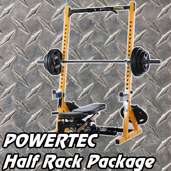 Powertec Half Cage Home Gym with bench, barbell and weights.