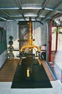Seans Powertec Leverage Gym in his garage with weigh plates next to it.