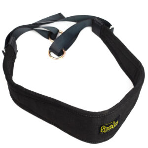 The Spud Kaiju Belt features two metal rings on black straps and a padded black design, with a small yellow and black logo on the side.