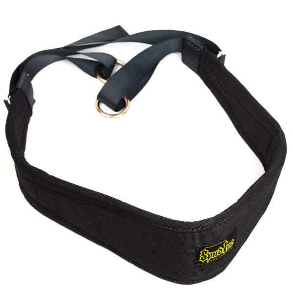 The Spud Kaiju Belt features two metal rings on black straps and a padded black design, with a small yellow and black logo on the side.