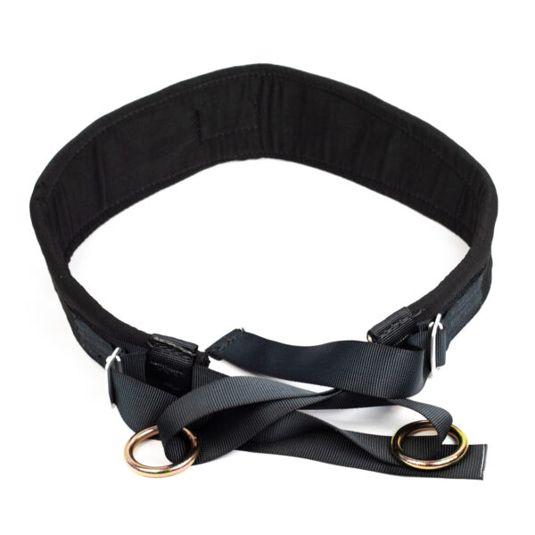 The Spud Kaiju Belt Squat Belt, featuring a black padded design with two metallic D-rings and adjustable nylon straps with buckles, is arranged circularly against a white background. Its ideal for fitness or outdoor activities.