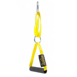 A yellow fitness resistance strap with a handle, attached to a metal carabiner. The handle has a black foam grip for comfort and features a brand logo. The strap is designed for strength training exercises.