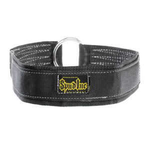 The SPUD INC Reverse Hyper Strap is a black collar with reinforced stitching and a metal D-ring. Featuring the Syndicate Gear yellow and black logo patch on the front, it is wide and designed for durability.