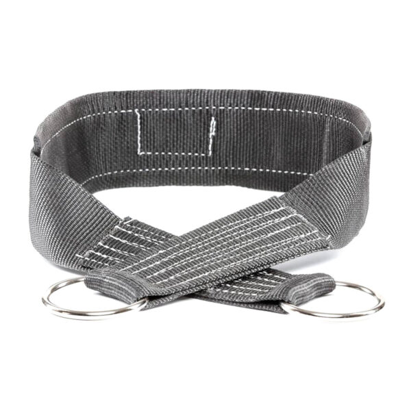 The SPUD INC Reverse Hyper Strap is a gray fabric resistance band with reinforced stitching, featuring two silver metal D-rings at the ends. Its looped and crossed design in the center highlights its flexibility and durability for fitness use.