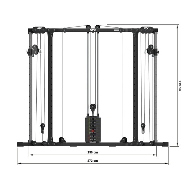 Image of an ATX® Cable Crossover Weight Stack 90 kg, featuring pulley systems, adjustable cables, and weight stacks. Measures 230 cm wide, 219 cm tall, and 272 cm deep. Perfect for strength training exercises.