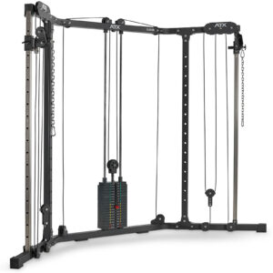 The ATX® Cable Crossover Weight Stack 90 kg features a black frame with adjustable weight stacks, pulleys, handles, and versatile attachment points for various exercises.