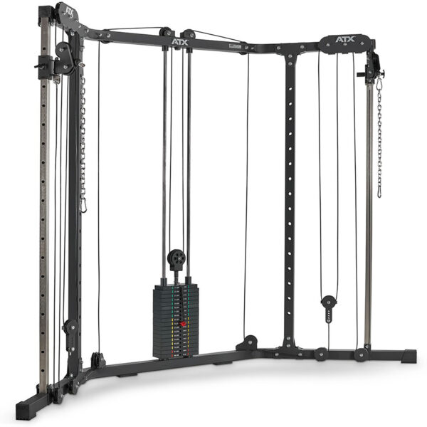 The ATX® Cable Crossover Weight Stack 90 kg features a black frame with adjustable weight stacks, pulleys, handles, and versatile attachment points for various exercises.